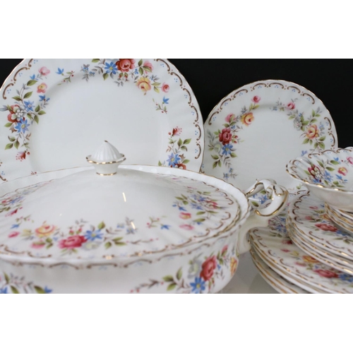 97 - Royal Albert ' Jubilee Rose ' Dinner ware including Gravy Jug and Stand, 2 Lidded Tureens, 4 Dinner ... 