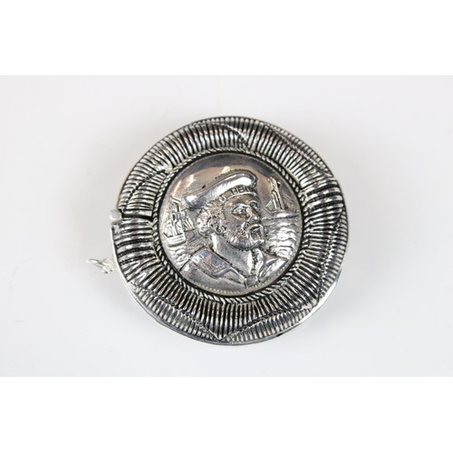 194 - Silver plated round vesta case with embossed naval figure