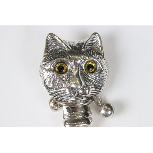 195 - Silver Louis Wain style baby's rattle with mother-of-pearl handle