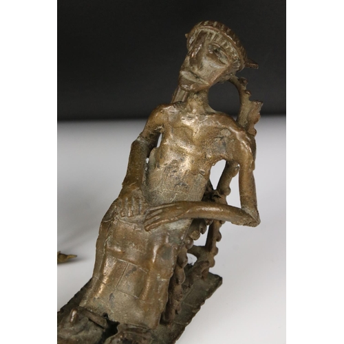 216 - Bronze Man sat in Chair, 12cm high together with a small Chinese Bronze Inkwell and a Gilt Metal Pla... 