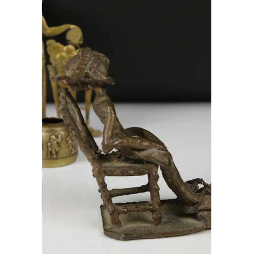 216 - Bronze Man sat in Chair, 12cm high together with a small Chinese Bronze Inkwell and a Gilt Metal Pla... 