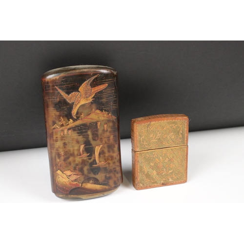 222 - A faux tortoiseshell cigar case with traditional Japanese decoration together with a straw work card... 