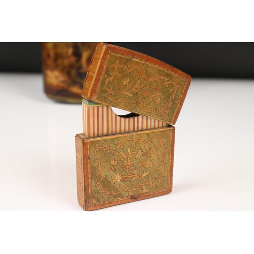 222 - A faux tortoiseshell cigar case with traditional Japanese decoration together with a straw work card... 