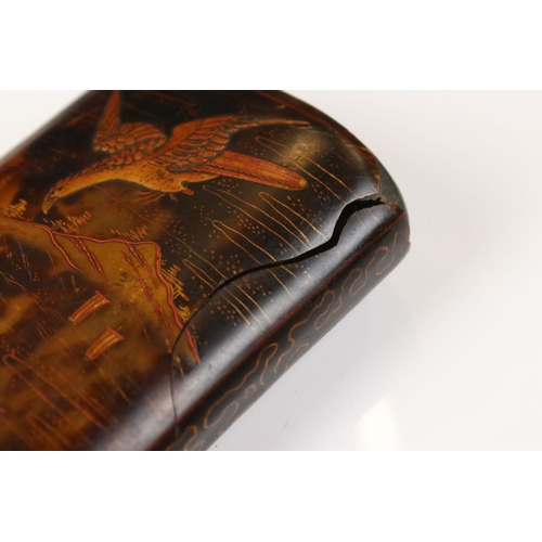 222 - A faux tortoiseshell cigar case with traditional Japanese decoration together with a straw work card... 