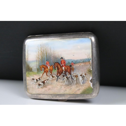 225A - Victorian Silver rounded rectangular Cigarette Case, the lid decorated with an enamelled hunting sce... 