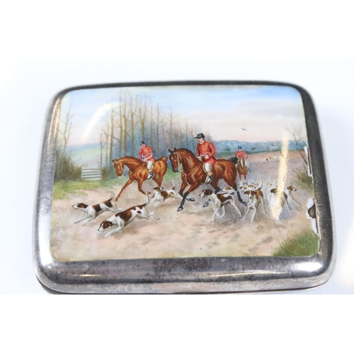 225A - Victorian Silver rounded rectangular Cigarette Case, the lid decorated with an enamelled hunting sce... 