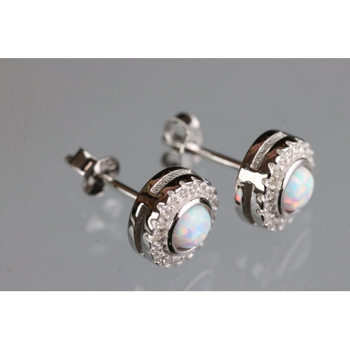 255 - Pair of silver, CZ & central opal panel stud earrings