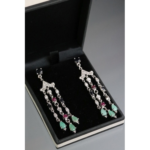 272 - Pair of substantial silver drop earrings, set with sapphire, ruby & emeralds