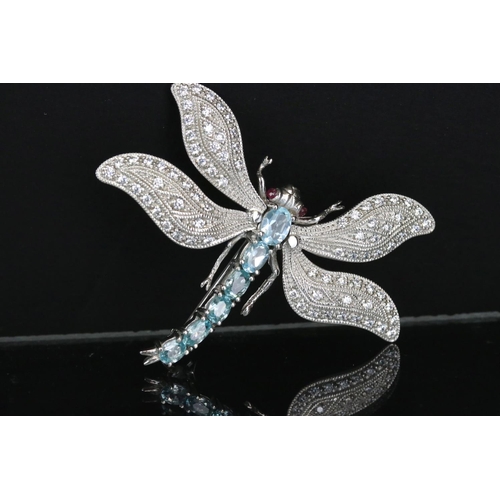 285 - Substantial silver dragonfly brooch set with aquamarines and CZs