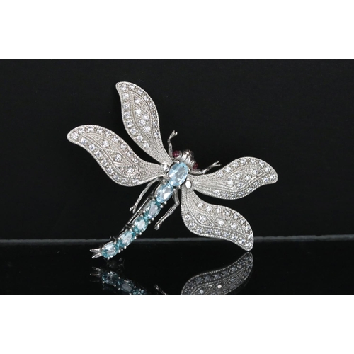 285 - Substantial silver dragonfly brooch set with aquamarines and CZs