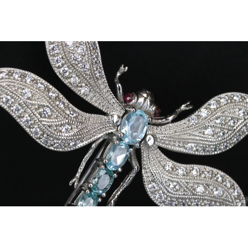 285 - Substantial silver dragonfly brooch set with aquamarines and CZs