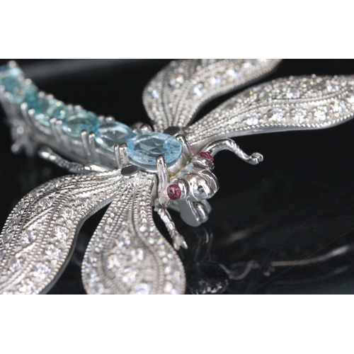 285 - Substantial silver dragonfly brooch set with aquamarines and CZs