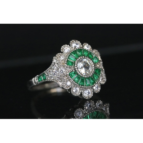 286 - Silver, CZ and emerald Art Deco style dress ring