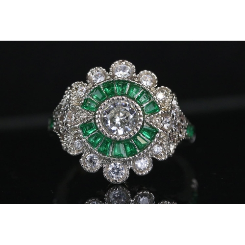 286 - Silver, CZ and emerald Art Deco style dress ring