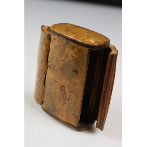 293 - An unusual 19th century burr wood double sided pocket snuff box of rectangular outline, one hinged d... 