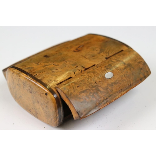 293 - An unusual 19th century burr wood double sided pocket snuff box of rectangular outline, one hinged d... 