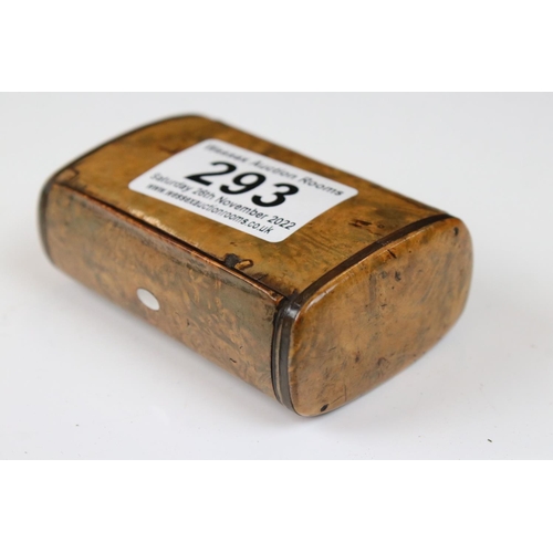 293 - An unusual 19th century burr wood double sided pocket snuff box of rectangular outline, one hinged d... 