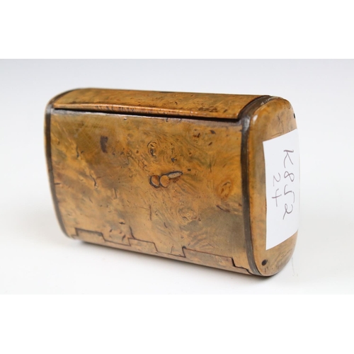 293 - An unusual 19th century burr wood double sided pocket snuff box of rectangular outline, one hinged d... 