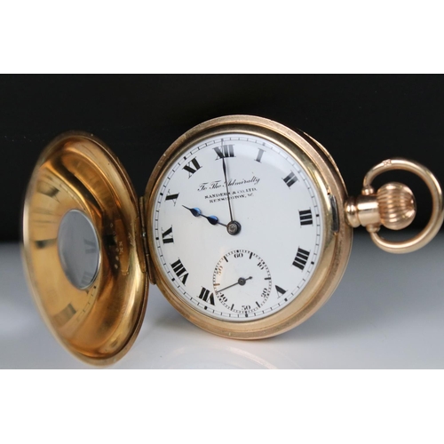 299 - A gold plated half hunter pocket watch, top winding movement, marked to the dial 'To The Admiralty, ... 