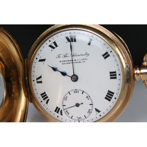 299 - A gold plated half hunter pocket watch, top winding movement, marked to the dial 'To The Admiralty, ... 