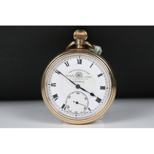 302 - A Tho's Russell & Son pocket watch, gold plated Elgin case, top winding movement with sub second dia... 