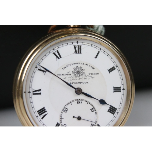 302 - A Tho's Russell & Son pocket watch, gold plated Elgin case, top winding movement with sub second dia... 