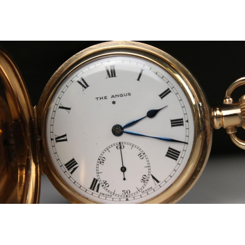 304 - The Angus full hunter top winding pocket watch in Denison gold plated case with sub second dial to 6... 