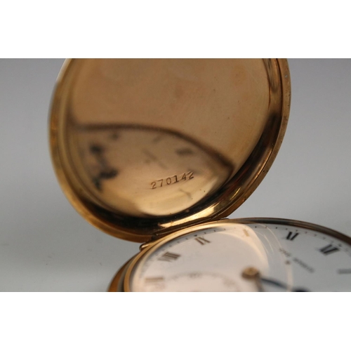 304 - The Angus full hunter top winding pocket watch in Denison gold plated case with sub second dial to 6... 