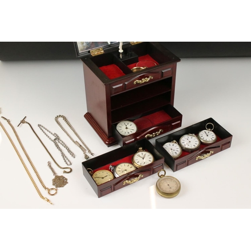 308 - A collection of approx nine pocket watches together with Albert chains and a pocket barometer contai... 