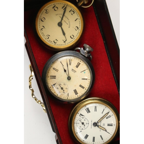 308 - A collection of approx nine pocket watches together with Albert chains and a pocket barometer contai... 