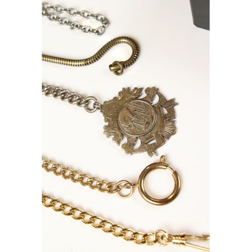 308 - A collection of approx nine pocket watches together with Albert chains and a pocket barometer contai... 