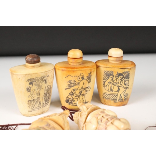 348 - Three Chinese bone snuff bottles with erotic scenes together with two bone inro.