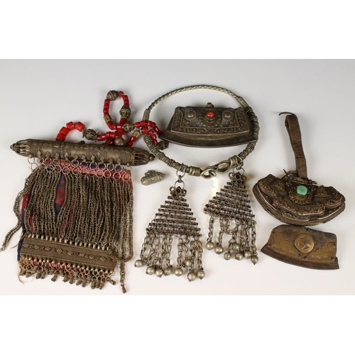 350 - A small collection of ethnic purses and bags together with a large white metal choker necklace.