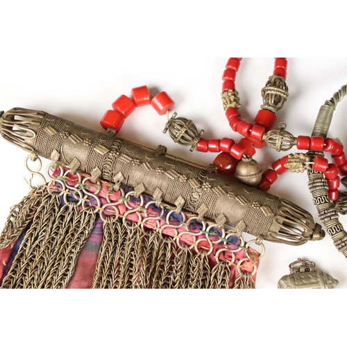 350 - A small collection of ethnic purses and bags together with a large white metal choker necklace.