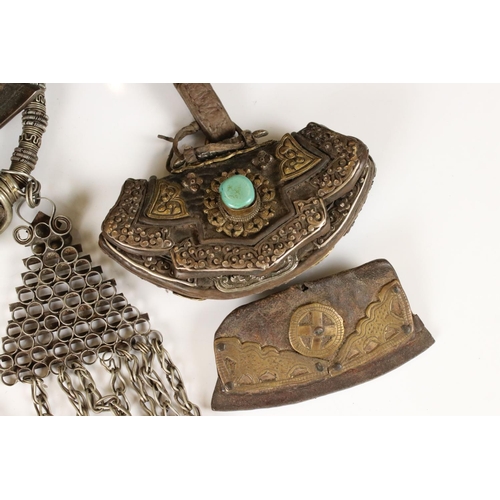 350 - A small collection of ethnic purses and bags together with a large white metal choker necklace.