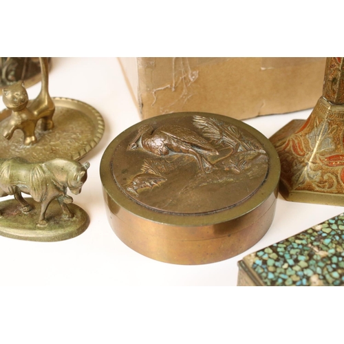 360 - A box of mixed metalware to include brass trinket boxes, candlesticks and animal figures...etc..