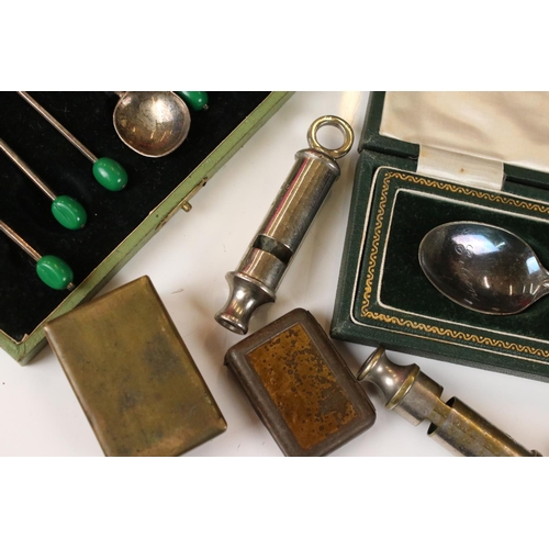 361 - A box of mixed collectables to include police whistles, silver plated cutlery, award medal, brass bo... 