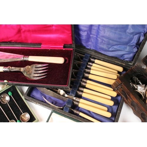 361 - A box of mixed collectables to include police whistles, silver plated cutlery, award medal, brass bo... 