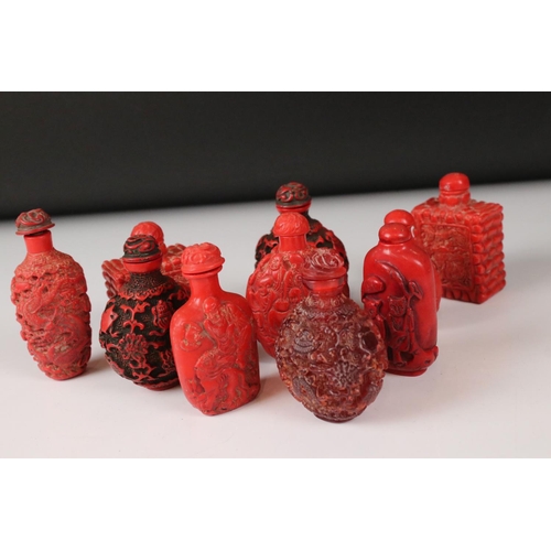 363 - A collection of ten Chinese cinnabar lacquer snuff bottles.