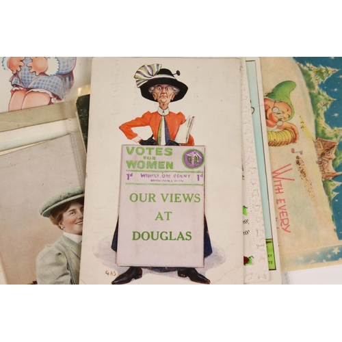 375 - A small collection of early 20th century postcards to include suffragette, military and Disney examp... 