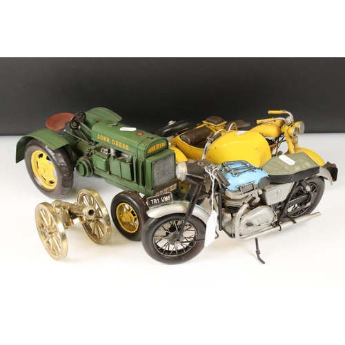 459 - A collection of three metal models to include John Deere tractor, motorcycle and motorcycle outfit t... 