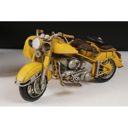 459 - A collection of three metal models to include John Deere tractor, motorcycle and motorcycle outfit t... 