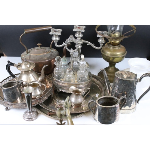 466 - Mixed Lot of Metal Ware including Copper Kettle, Brass Oil Lamp with Opaque Glass Shade, Silver Plat... 