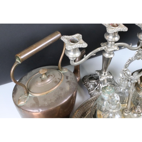 466 - Mixed Lot of Metal Ware including Copper Kettle, Brass Oil Lamp with Opaque Glass Shade, Silver Plat... 