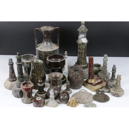 469 - Collection of mainly Cornish Serpentine including Lighthouse Table Lamp case, 31cm high, Nine Lighth... 