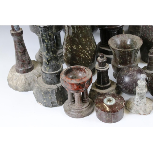 469 - Collection of mainly Cornish Serpentine including Lighthouse Table Lamp case, 31cm high, Nine Lighth... 