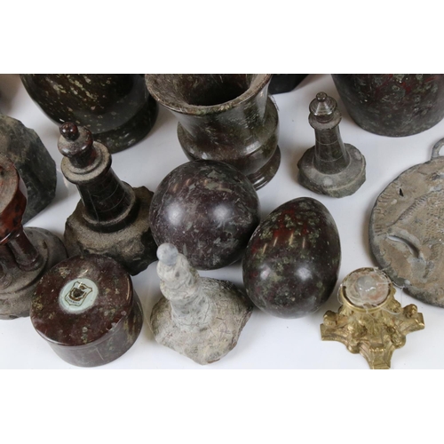 469 - Collection of mainly Cornish Serpentine including Lighthouse Table Lamp case, 31cm high, Nine Lighth... 