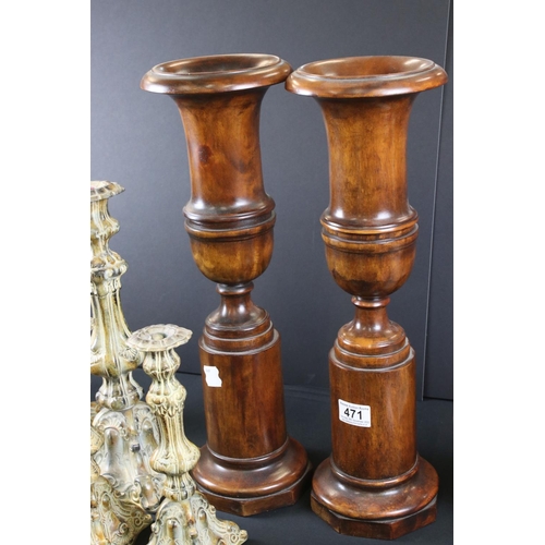 471 - Mixed Lot including Pair of Large Wooden Vases, 50cm high, Two Pairs of Metal Candlesticks, Pair of ... 