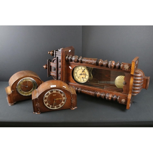 474 - Victorian Walnut Cased Hanging 8 Day Wall Clock, 88cm high together with 1930's Oak Cased Mantle Clo... 