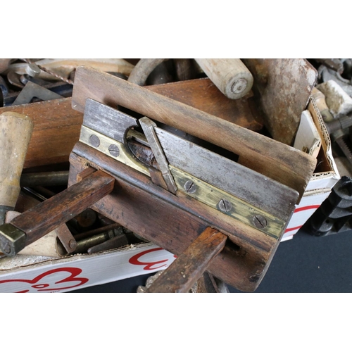 480 - Quantity of Old Tools including Wooden Plane, Wooden Ruler, Brass Lion Mask Rings, etc